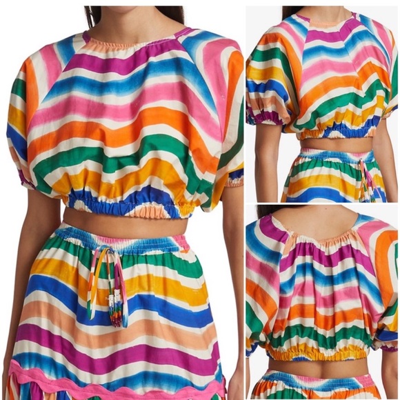 FARM Rio Dancing Stripes cropped printed cotton-poplin top - Picture 2 of 4